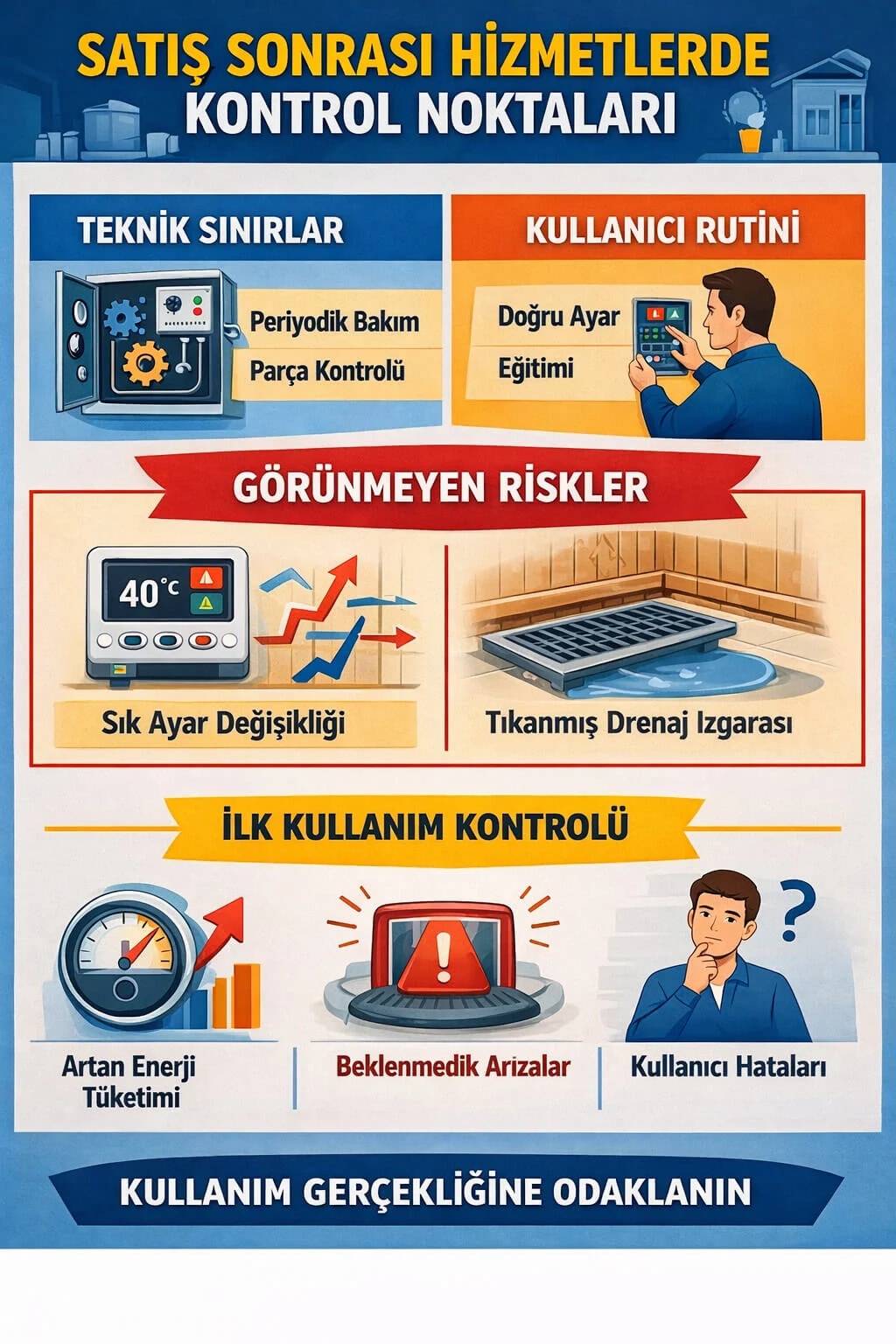 Kurulum sonrası ilk kullanımda kontrol noktalarını gösteren teknik görünüm