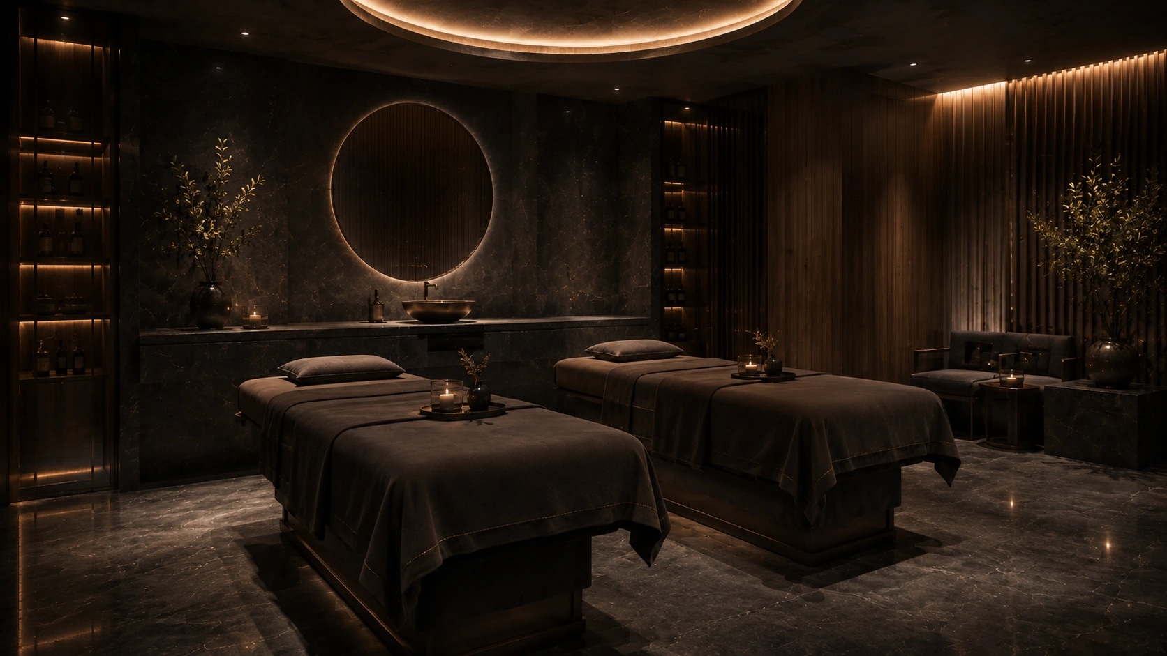 Sakin aydınlatmalı spa terapi alanı